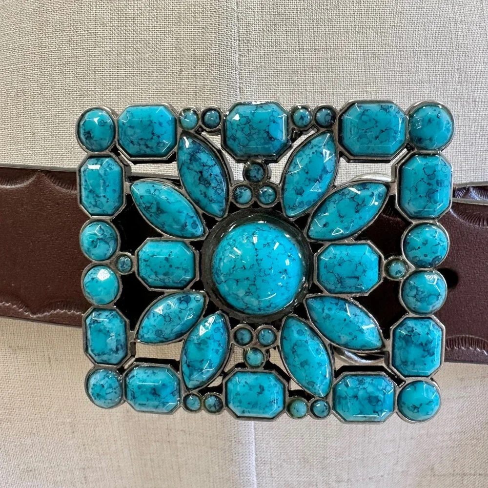 Western‎ Boho Turquoise Flower Buckle Brown Genuine Leather Belt XL